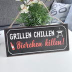 Holzschild "Grillen" mit Jutefaden