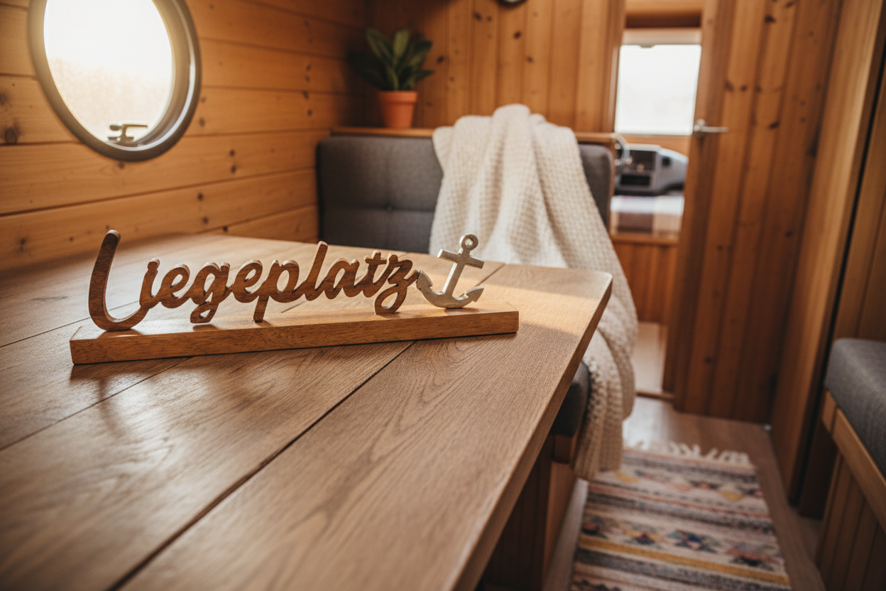Aufsteller Schriftzug "Liegeplatz" aus Mangoholz & Metall