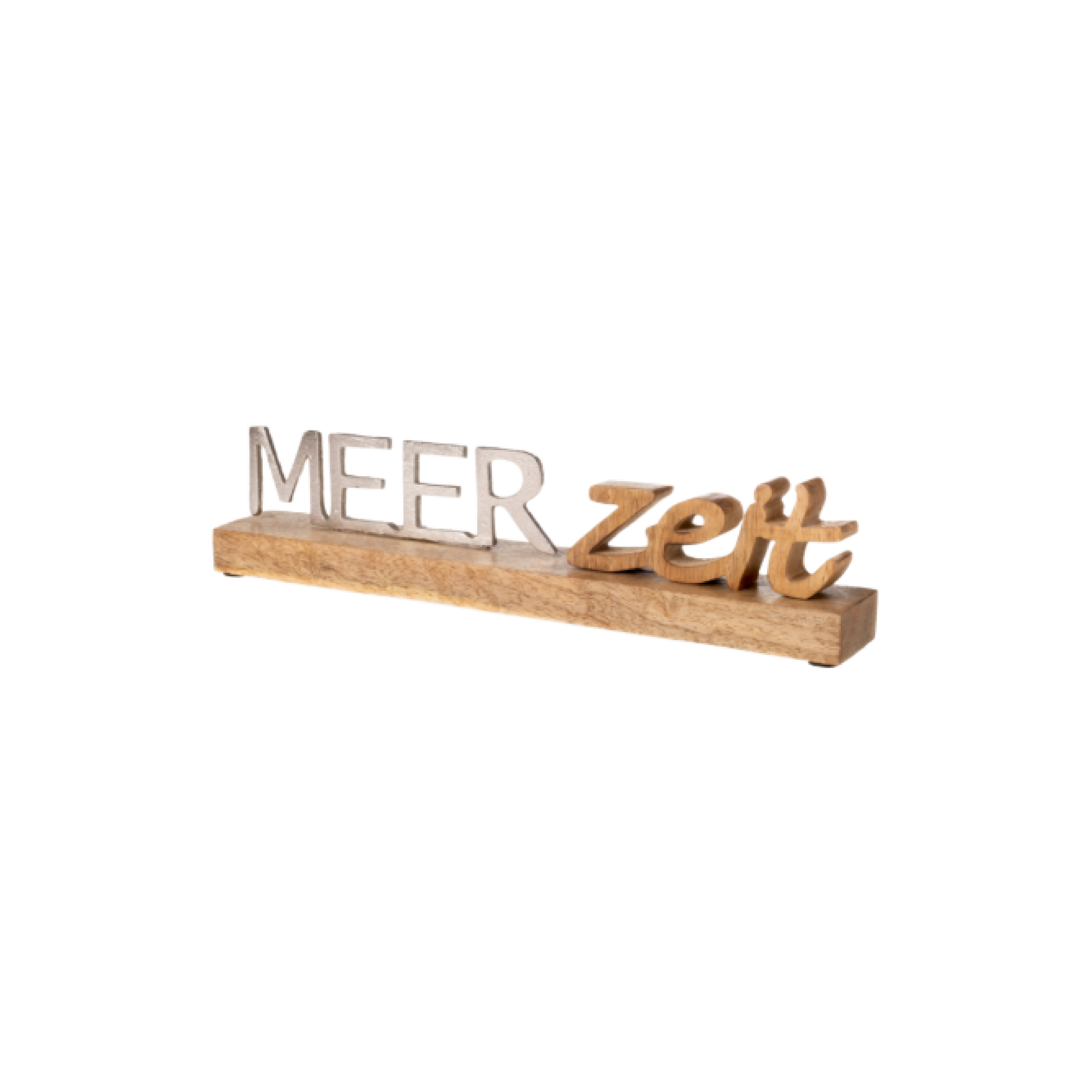 Schriftzug "Meerzeit" aus Mangoholz und Aluminium